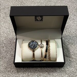 Anne Klein Gold and Black Watch with Bracelet Set